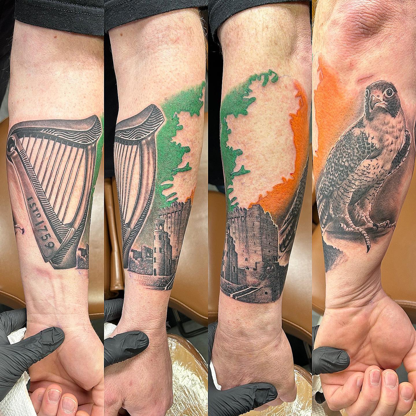 Irish harp and castle realism tattoo on the forearm by Adam Zgorliski_STStattoo