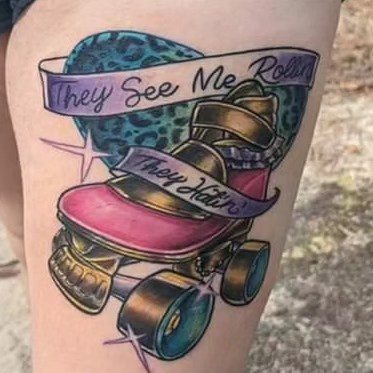 Roller skate American traditional tattoo on the leg by Dawne Michele