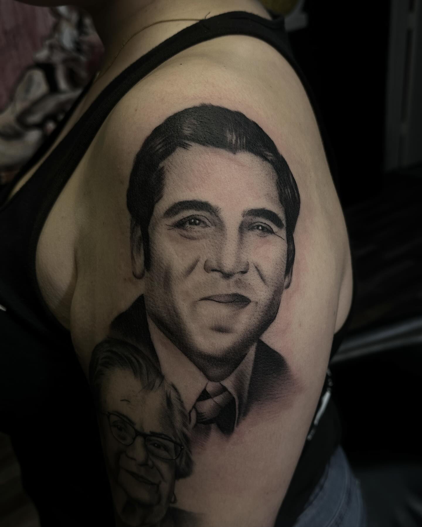 Portraits realism tattoo on the shoulder by Tattoosxjoseph