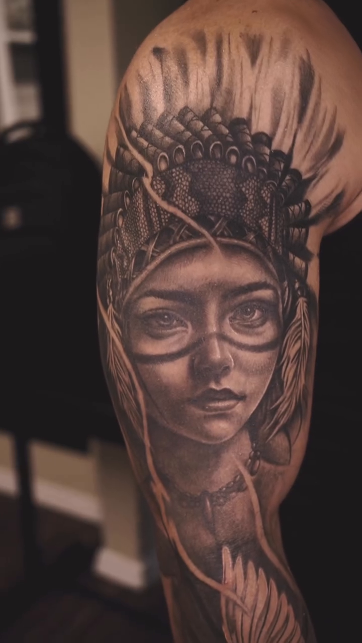 Native American woman with eagle realism tattoo by Brayan Batista - Tattoo Artist