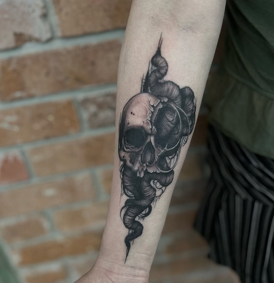 Tattoo by @mylajanetattoos — dark_realism, black_and_grey