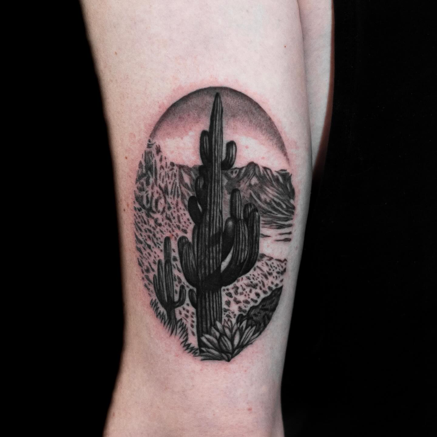 Desert landscape realism tattoo on the forearm by Tattoo Artist