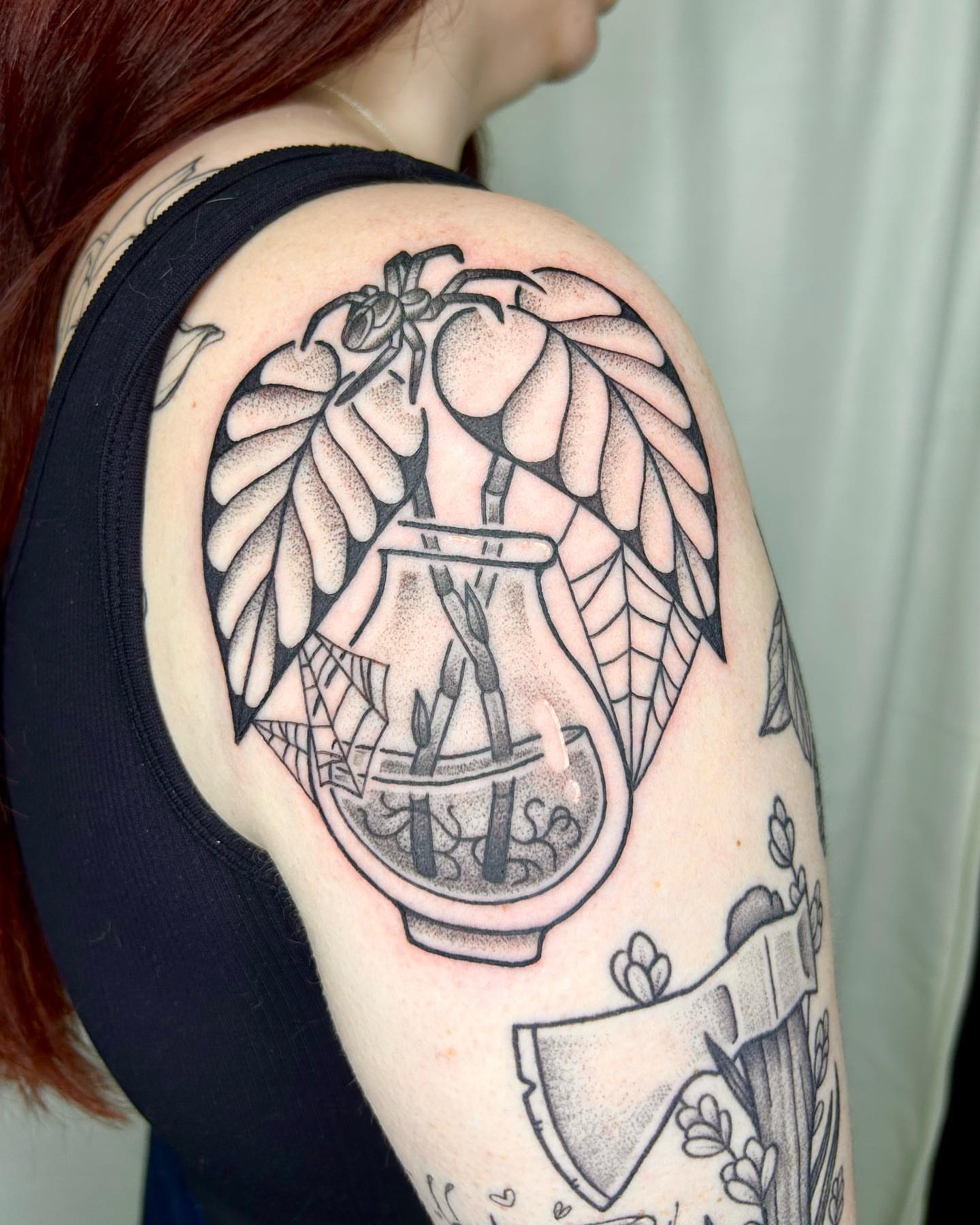 Hourglass with wings dotwork tattoo on the shoulder by Aaron Murray ✨ Michigan Tattoo Artist