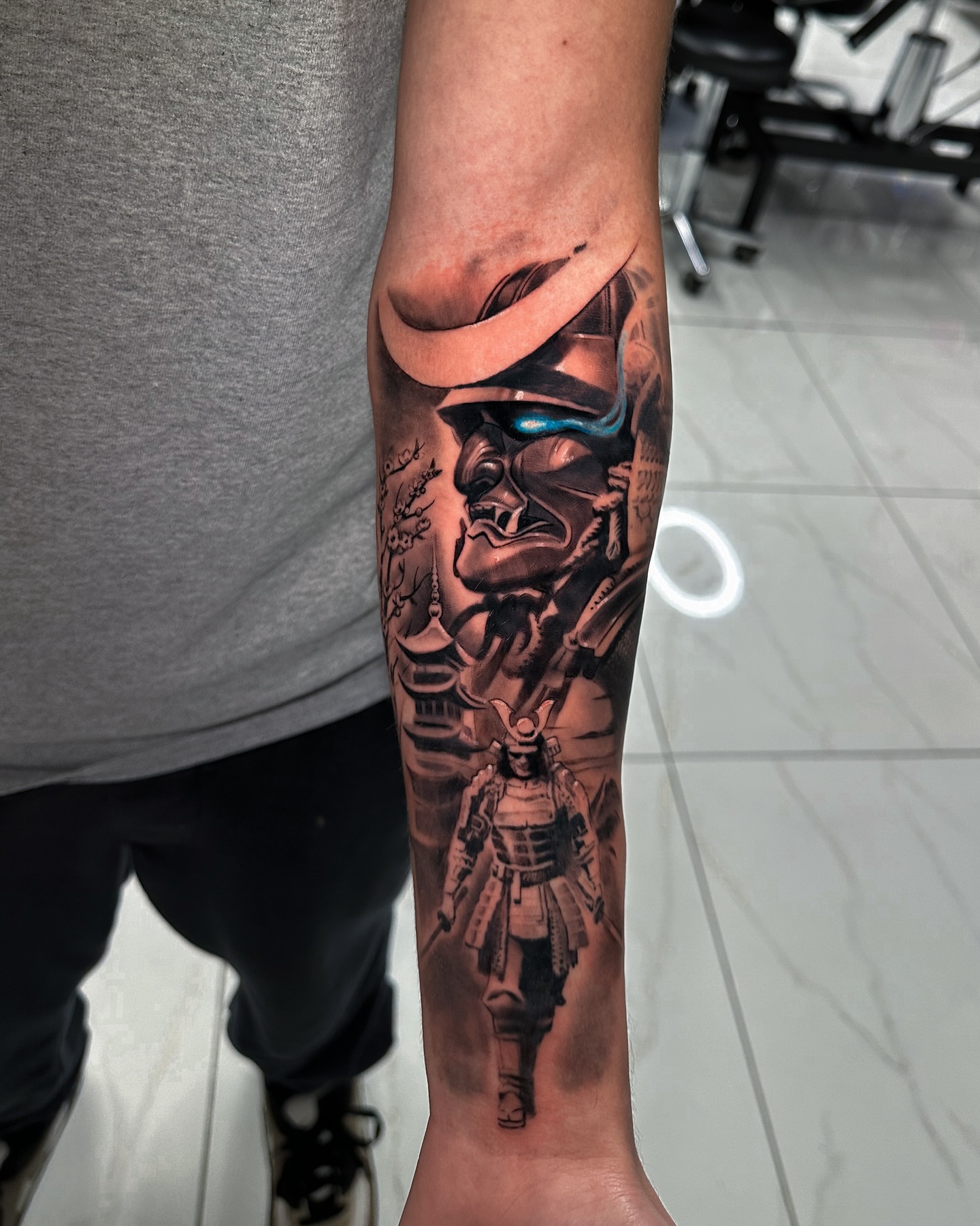 Samurai warrior realism tattoo on the forearm by Joey Hella Tattoo Artist