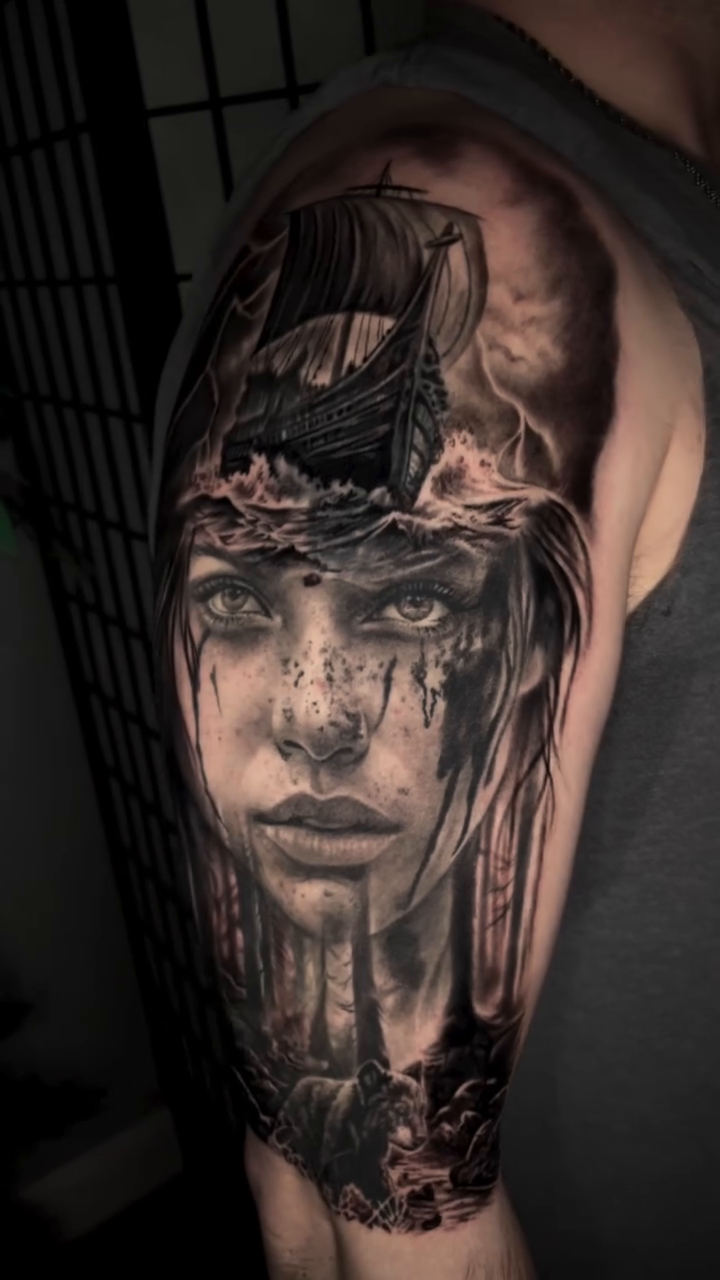 Woman and ship realism tattoo by ππ―ππ³π¦π° πππͺπ¬π«π±
