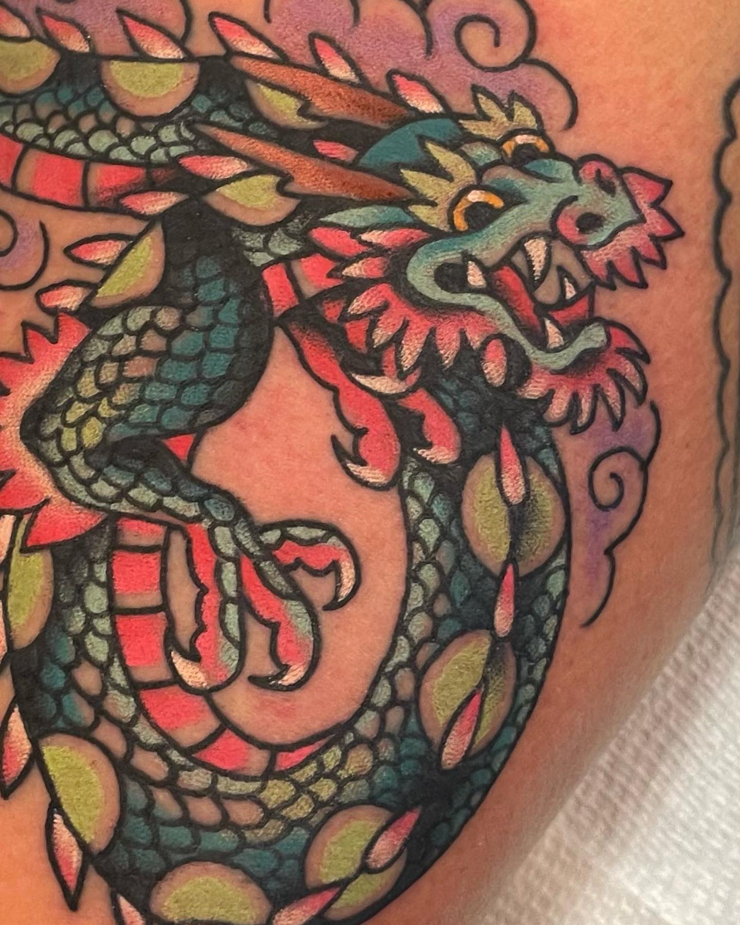 Dragon American traditional tattoo on the thigh by derrick b. π² Modern Traditional Tattoo