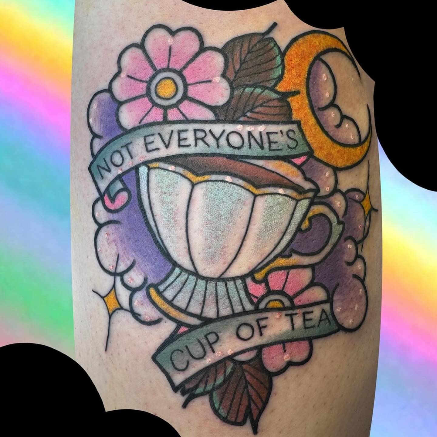 Cup of tea American traditional tattoo on the forearm by Chelsea Lane