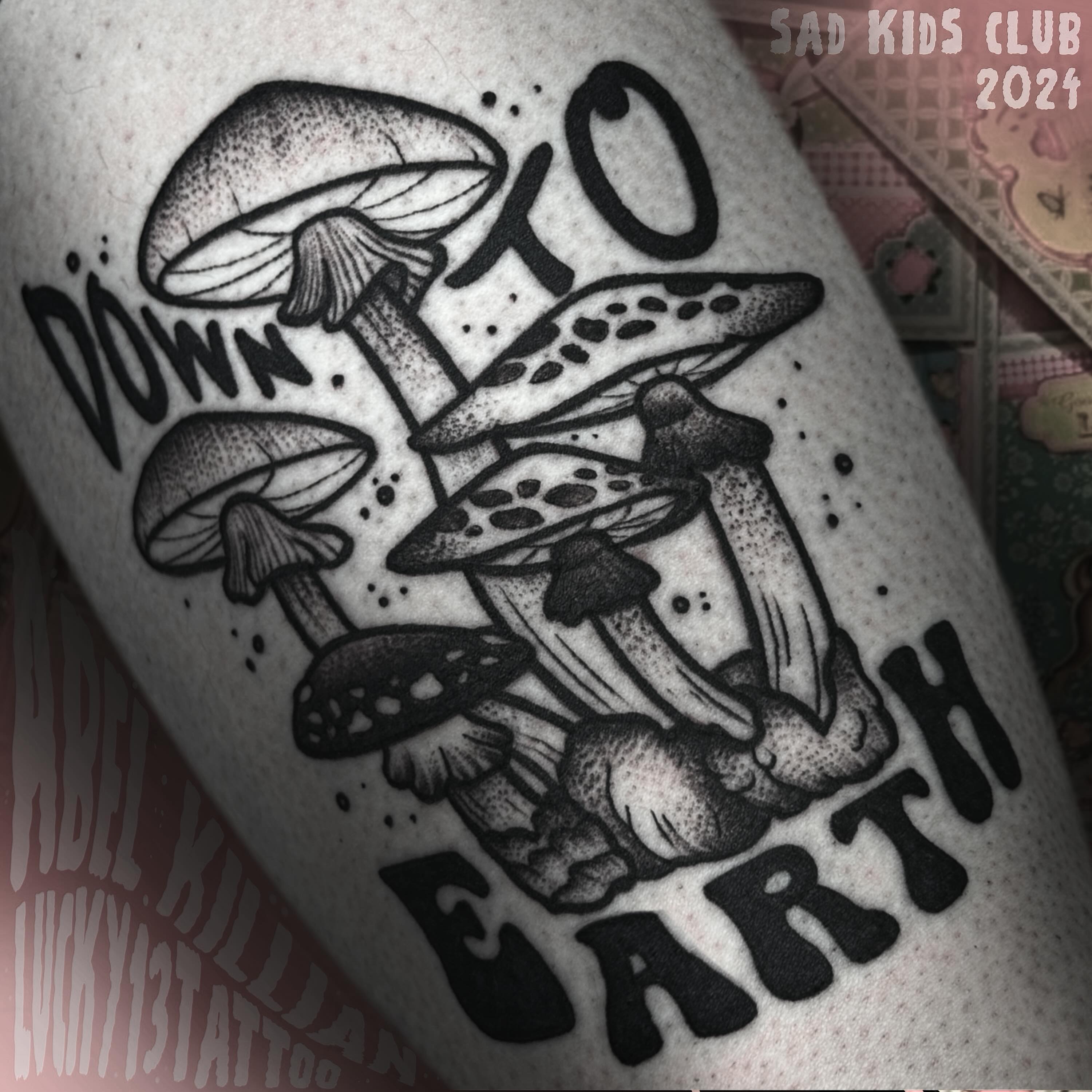 Mushrooms dotwork tattoo on the thigh by Abel, Richmond, Virginia
