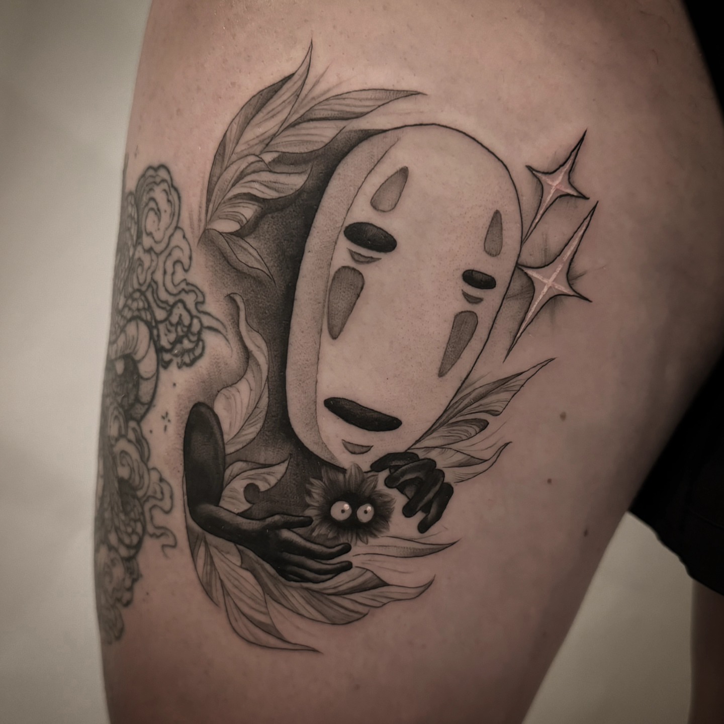 No face character dotwork tattoo on the thigh by Lynx, Cincinnati, Ohio