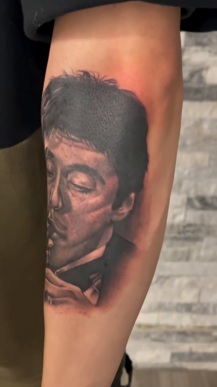 Al Pacino as Tony Montana realism tattoo by Ian Vanderwerff