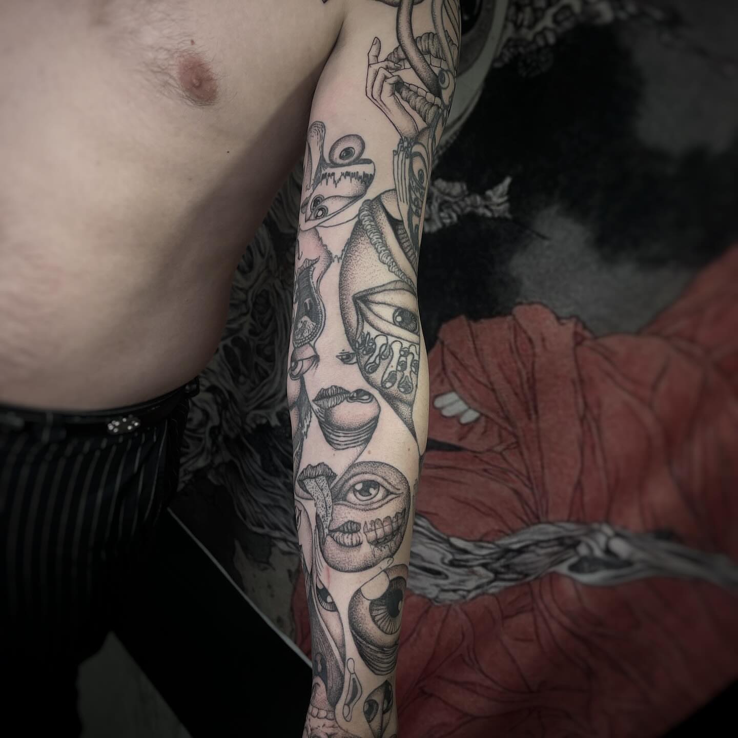 Tattoo by @beingtattoos — dotwork, surrealism