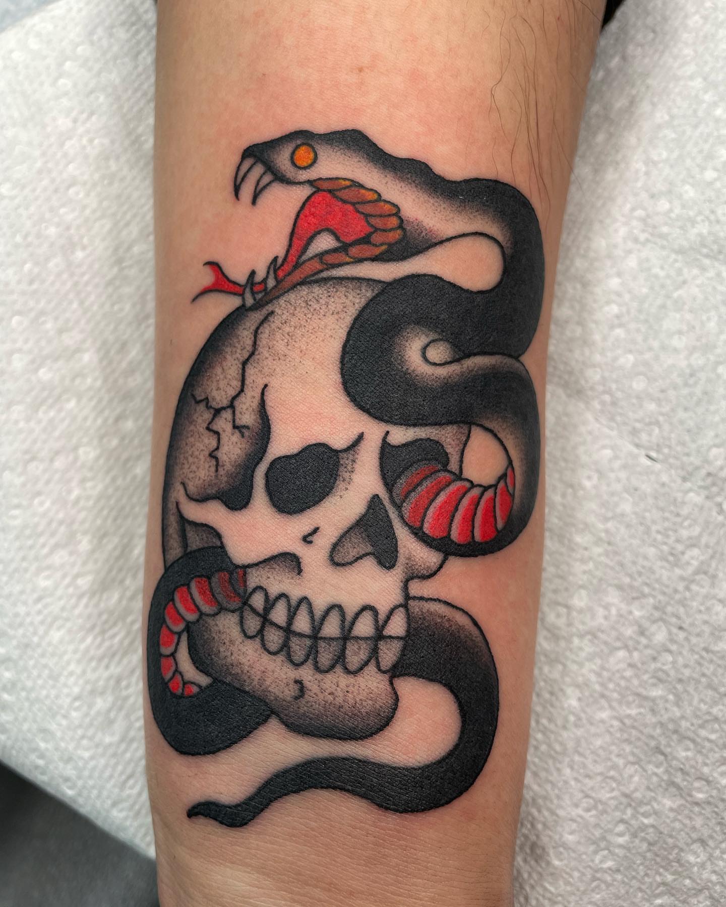Skull and snake American traditional tattoo on the forearm by Sylvie