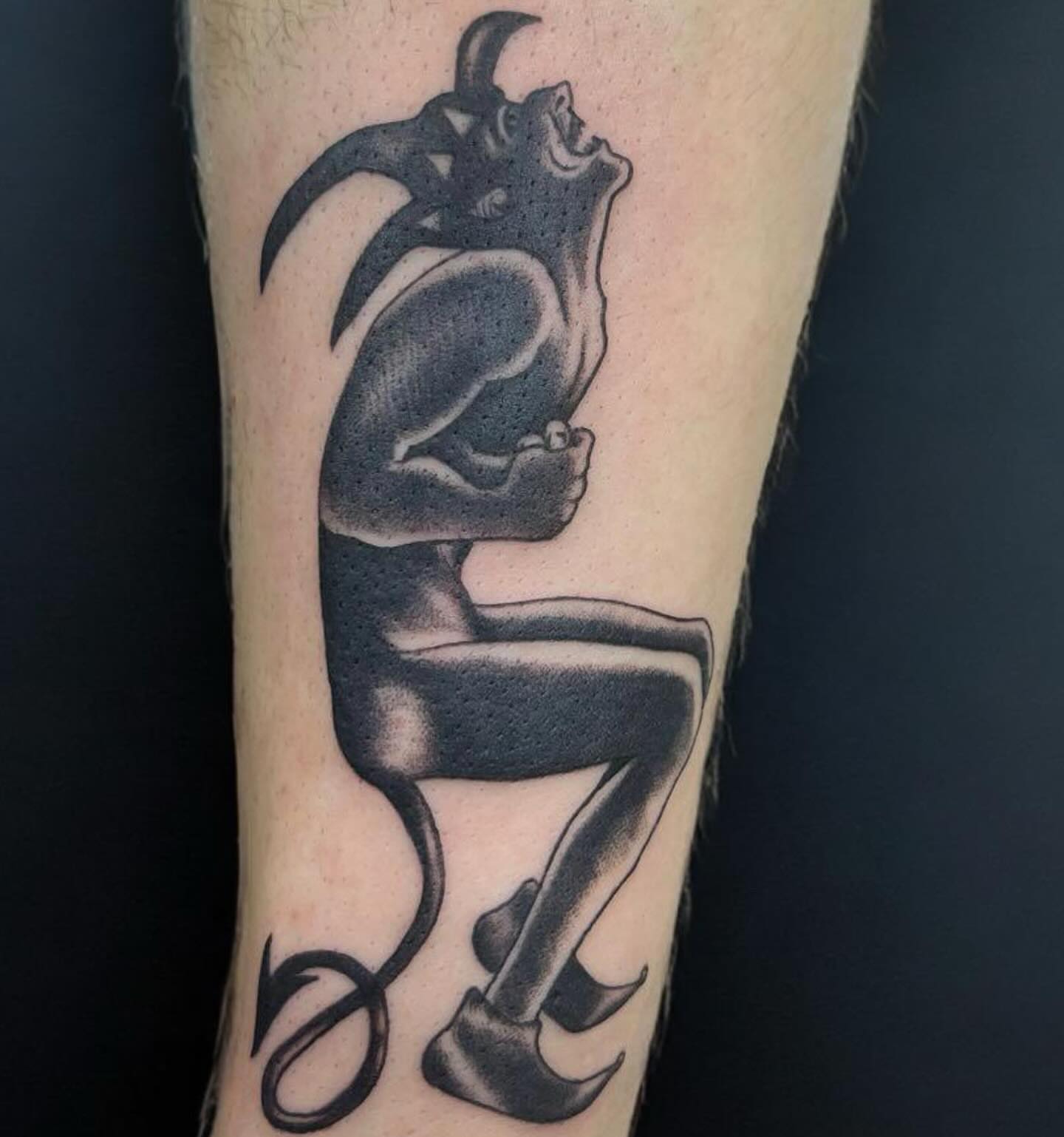 Demon black and grey tattoo on the forearm by Ana Valadez π¦, Ventura, California