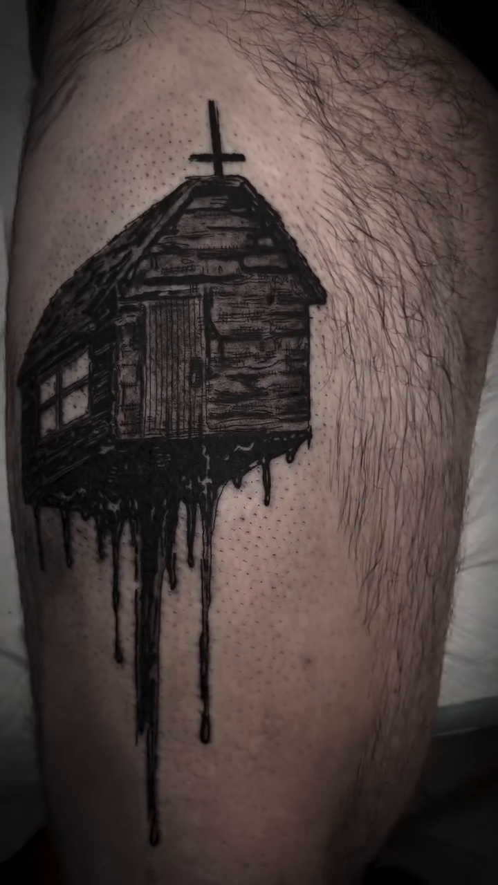 Haunted cabin blackwork tattoo by Jon Crook, Portland, Oregon