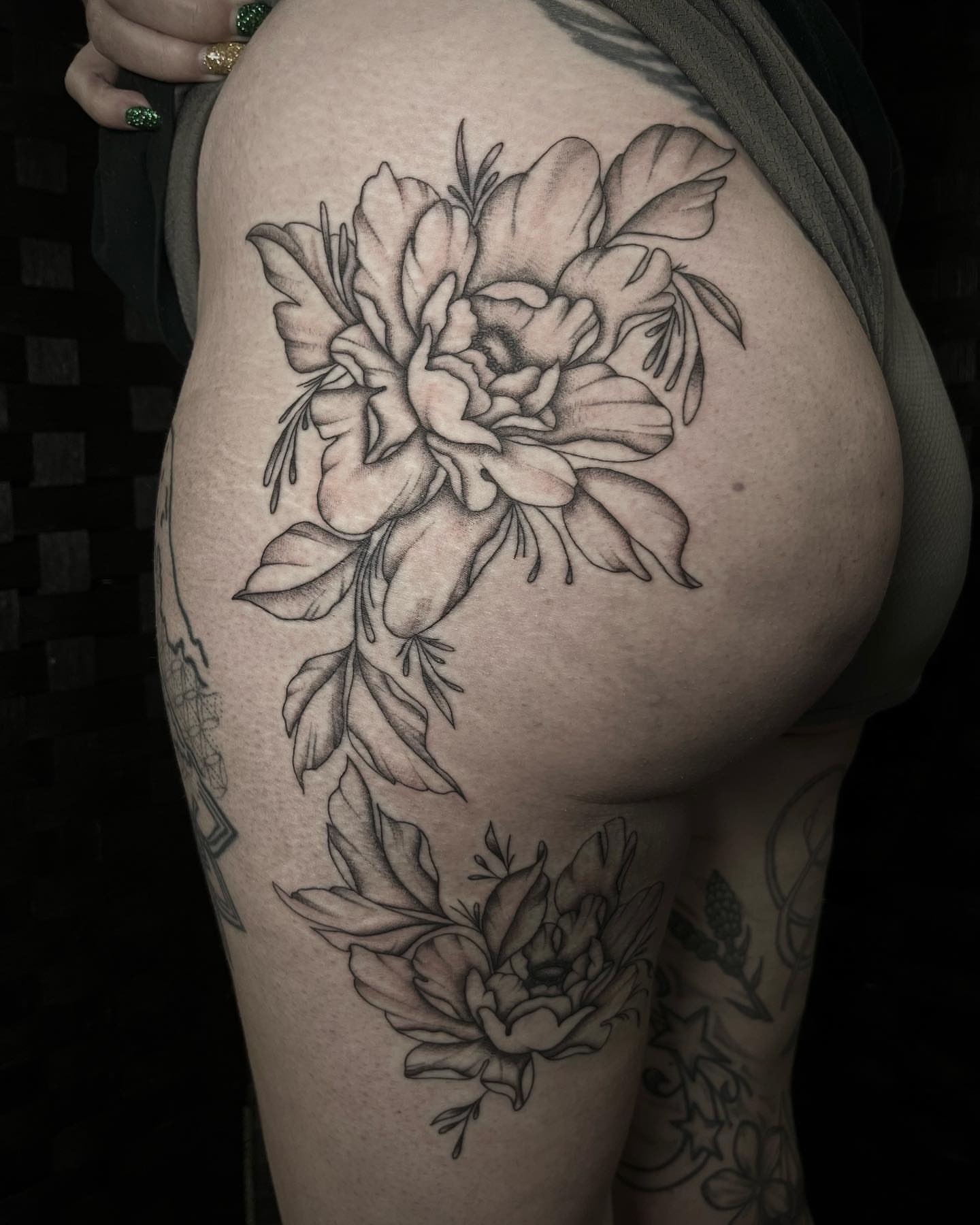 Peony black and grey tattoo on the shoulder by oh hey, robin.