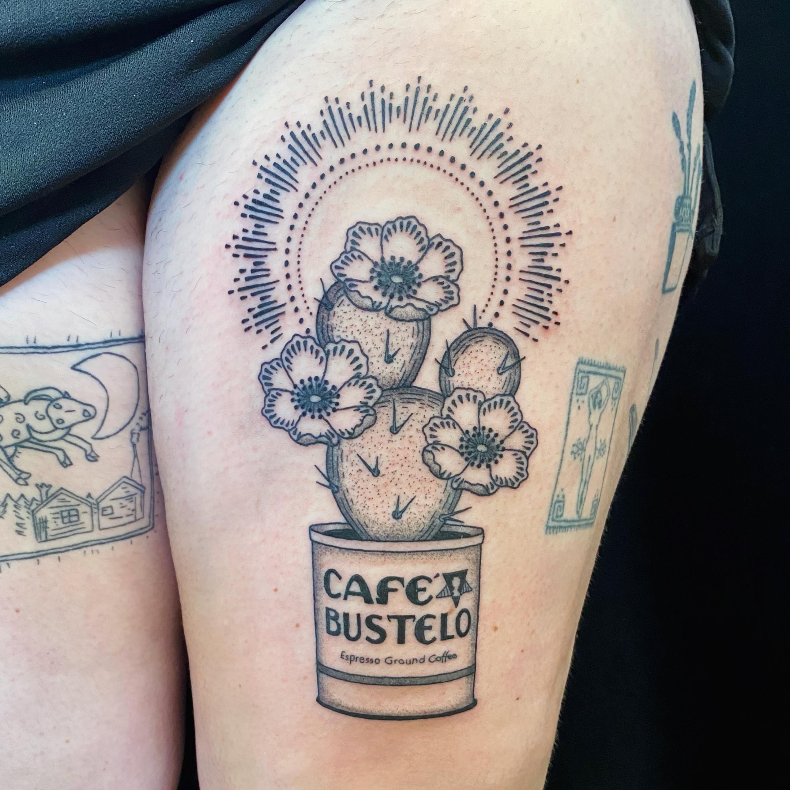 Cafe Bustelo can with cactus dotwork tattoo on the thigh by Krista - Tattoo Artist