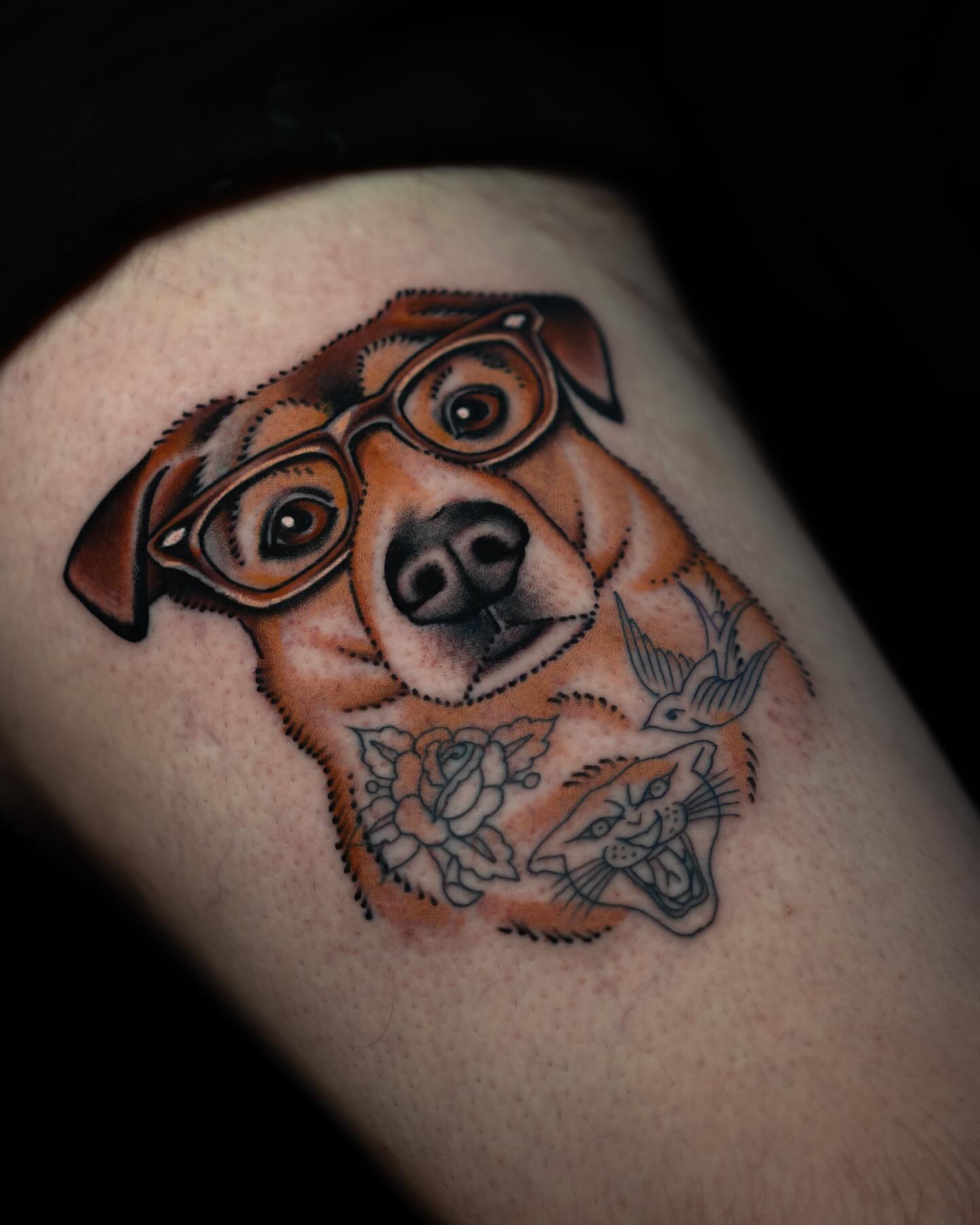 Dog with glasses realism tattoo on the thigh by Danny Derrick, San Luis Obispo, California
