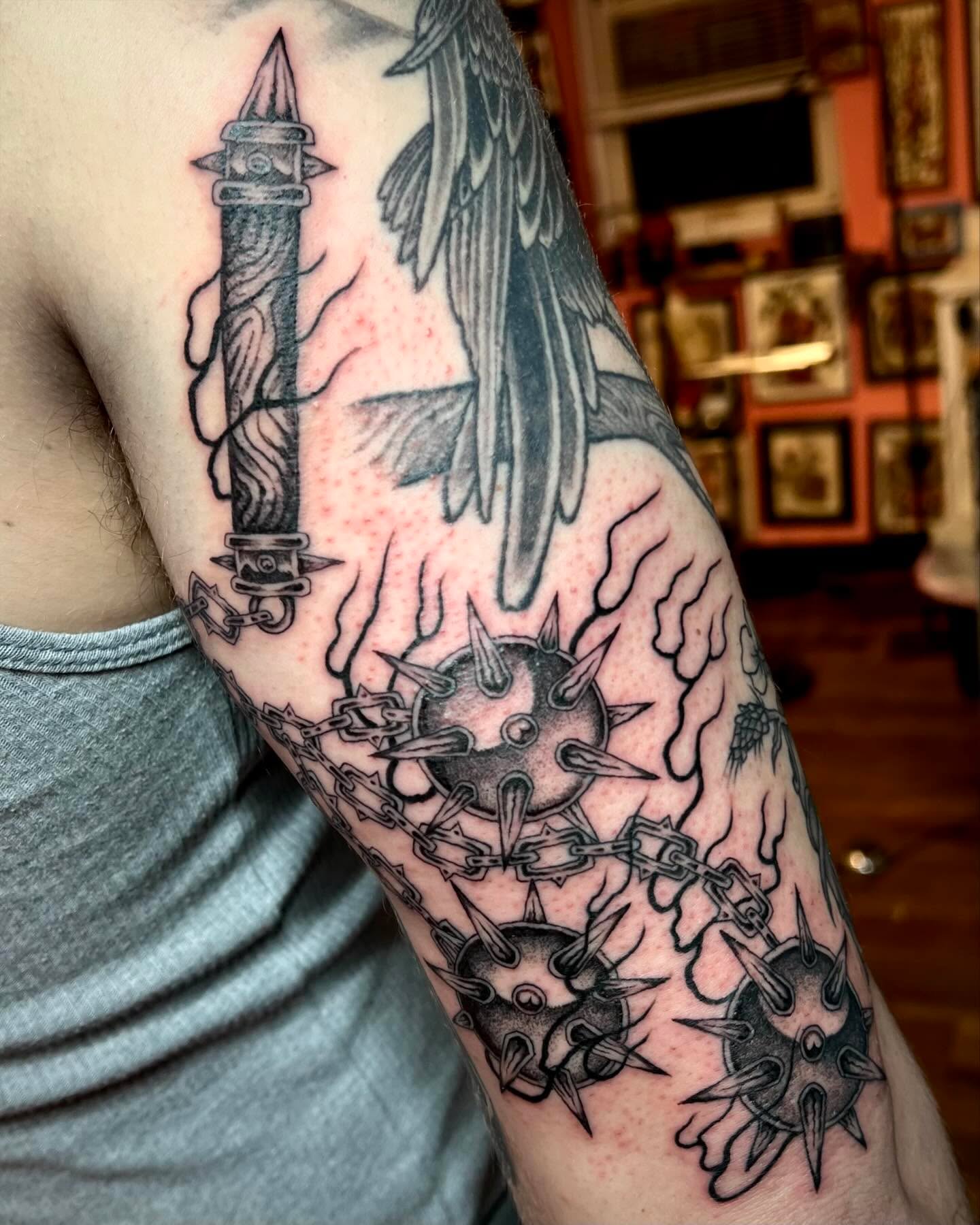 Tower and bird black and grey tattoo on the forearm by ⛓ Emily ⚔️ Milja ⛓