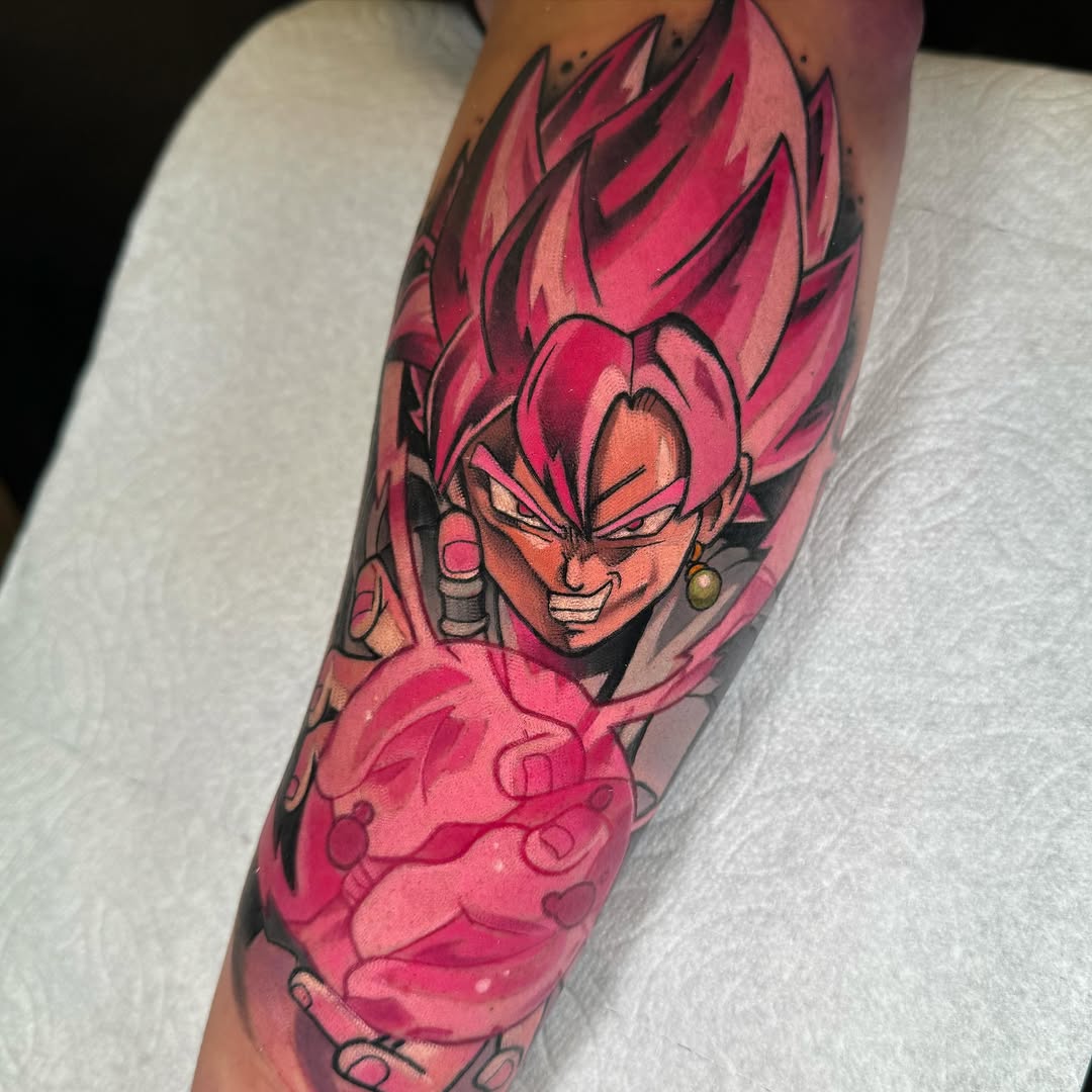 Dragon ball character anime tattoo on the forearm by Jon Leighton
