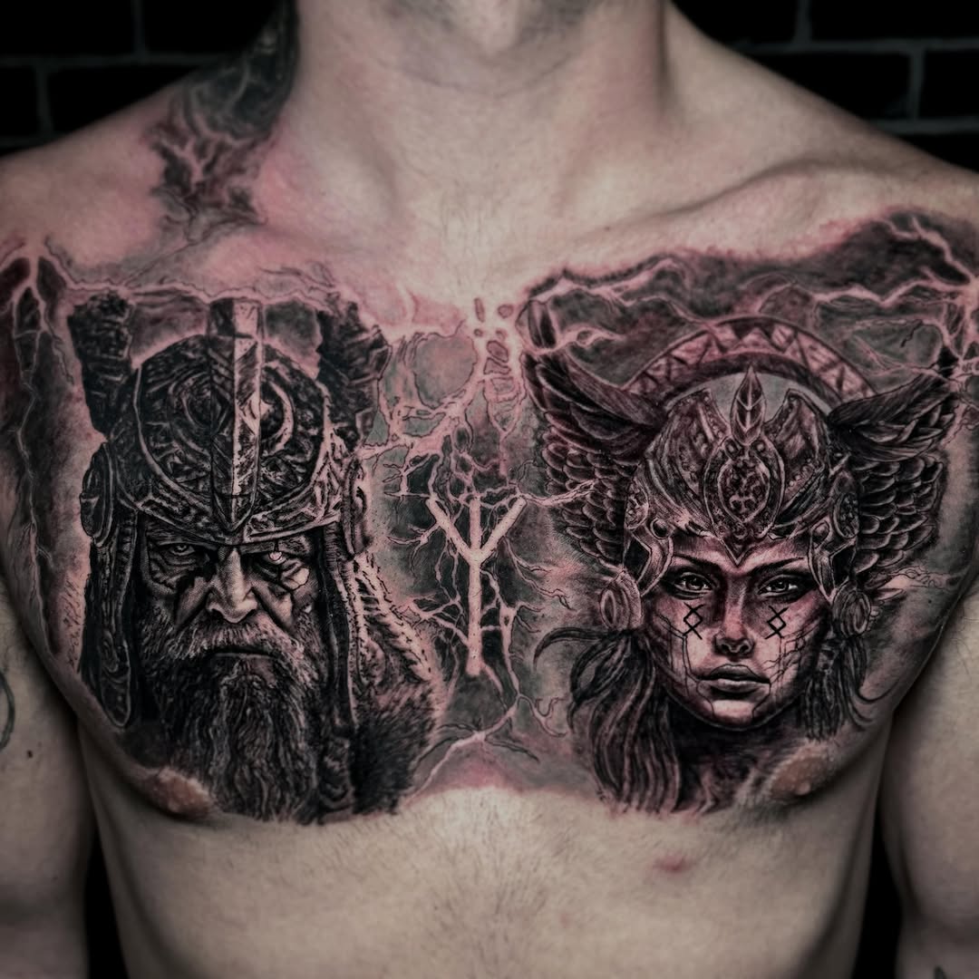 Viking warrior and Valkyrie realism tattoo on the chest by Maverick Mayes🕷