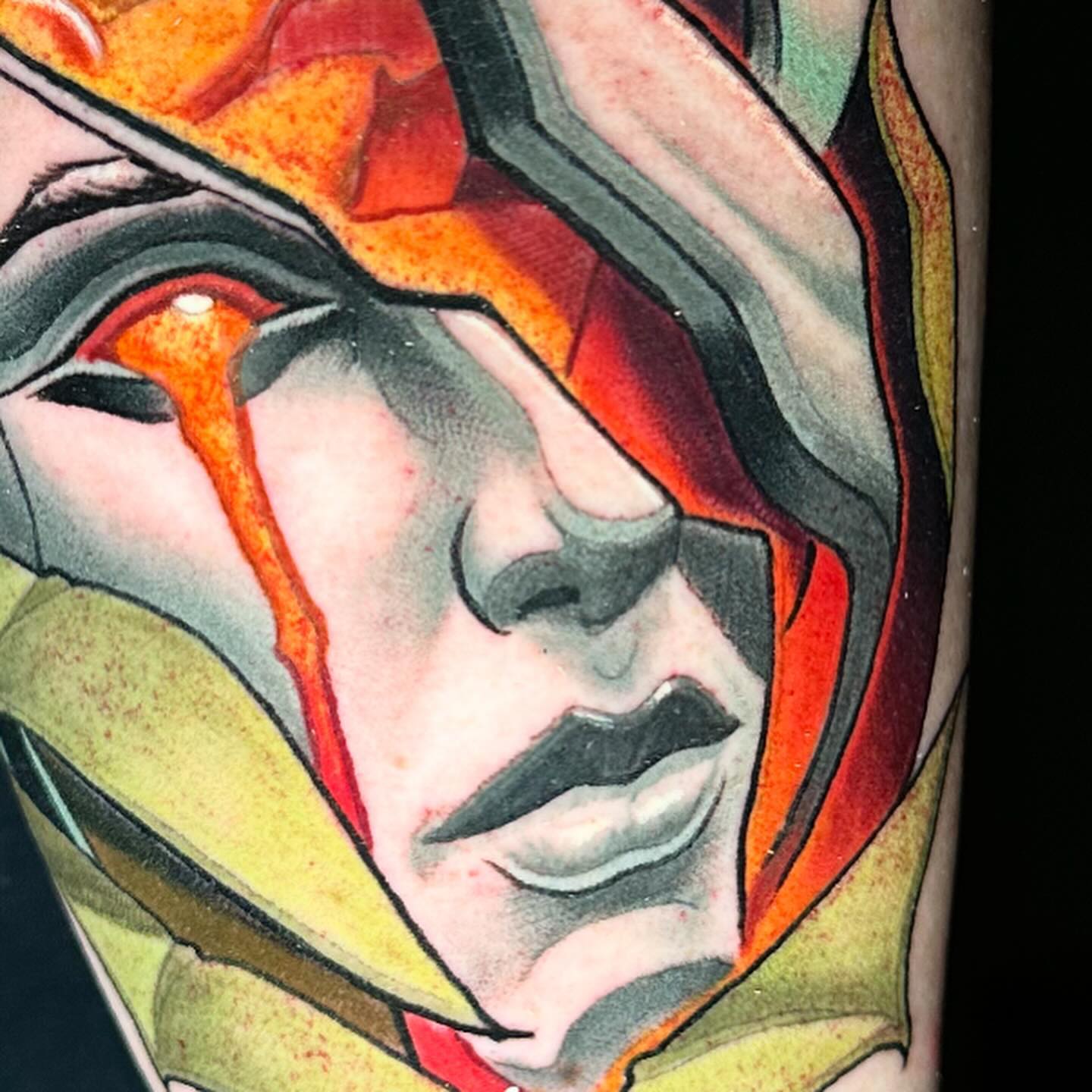 Mask American traditional tattoo on the forearm by Zoe "Z" Fisk