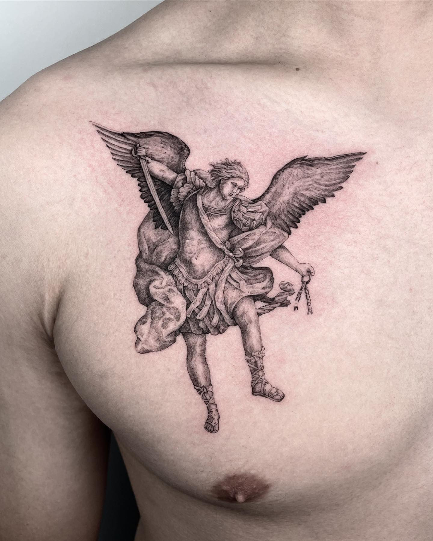 Angel with sword realism tattoo on the chest by eugene k 🌈, San Francisco, California