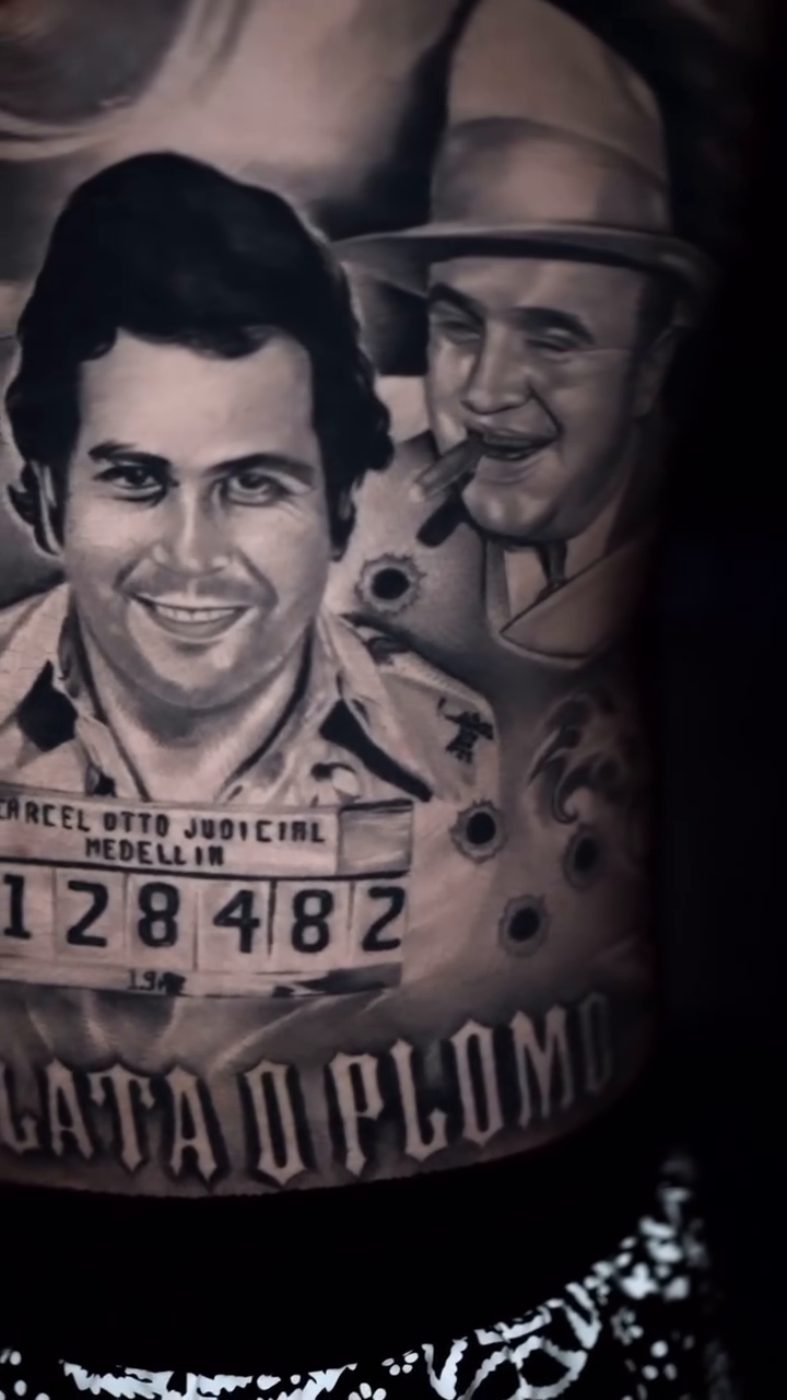 Pablo Escobar and skull realism tattoo by Juan Ortega