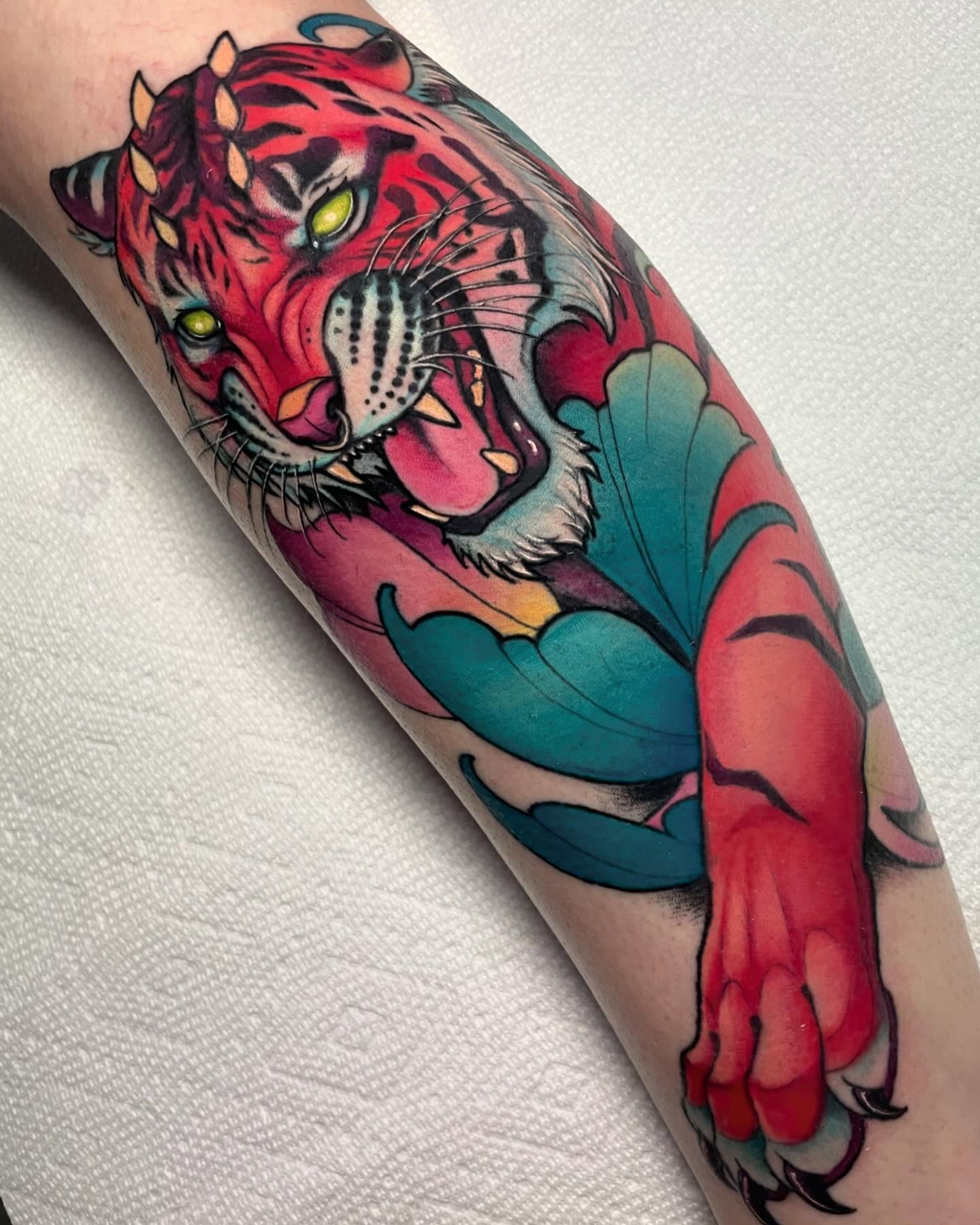Tiger American traditional tattoo on the forearm by Leah Marie, Cincinnati
