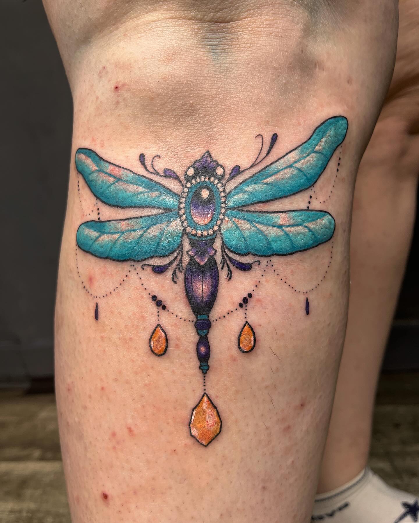 Dragonfly geometric tattoo on the thigh by ✩ 🕯️☾༺♰ gracey ༻☽🕯️✩