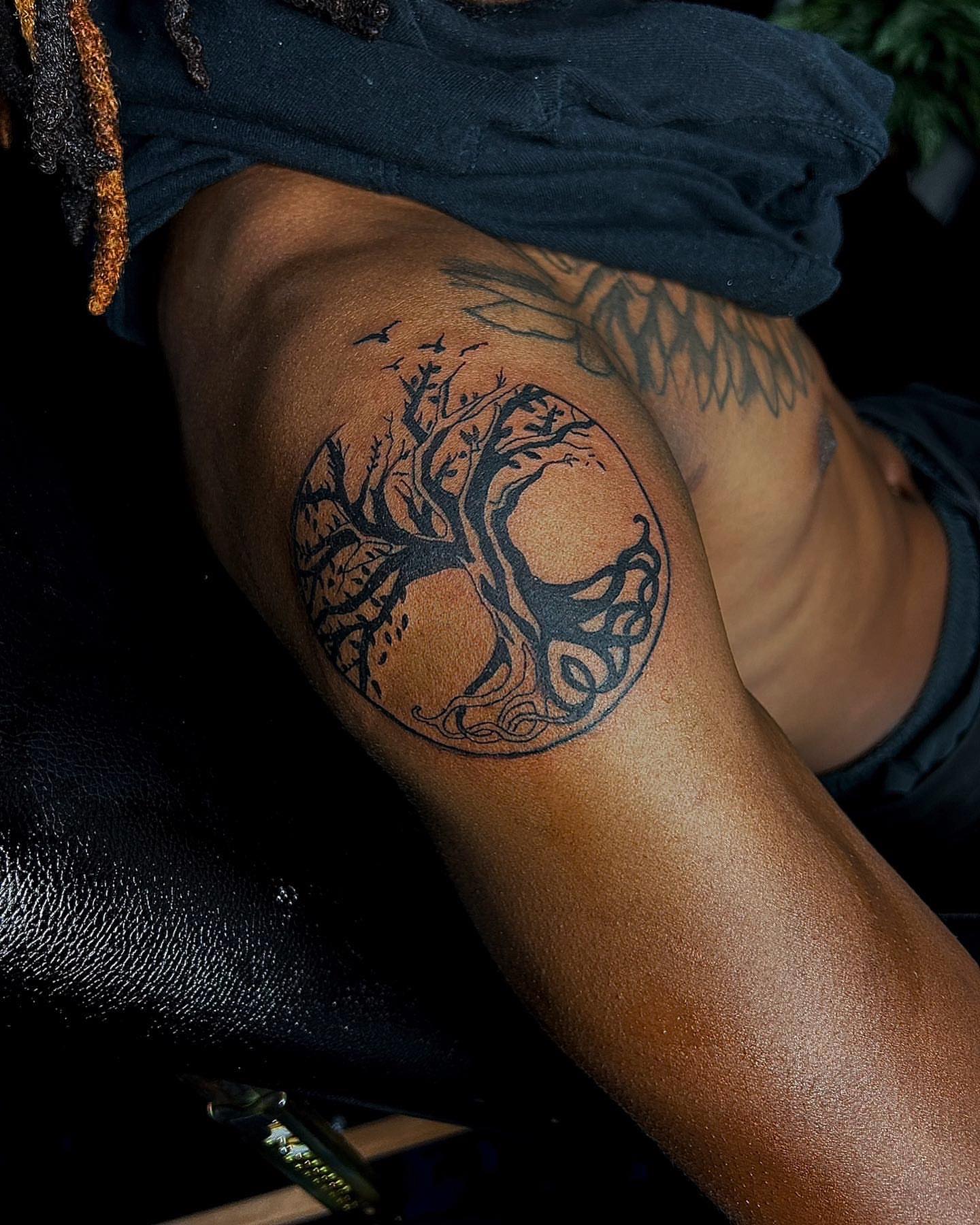 Tree of life black and grey tattoo on the thigh by Cleveland Tattoo Artist, Cleveland, Ohio