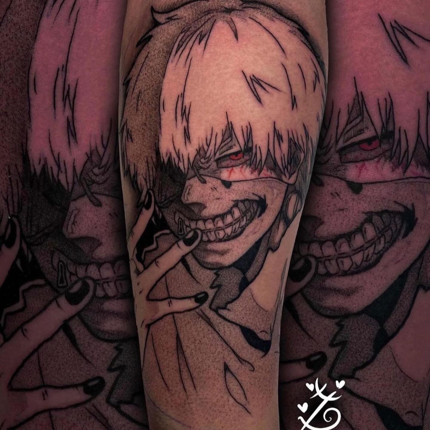 Anime character dotwork tattoo on the forearm by Keyon J