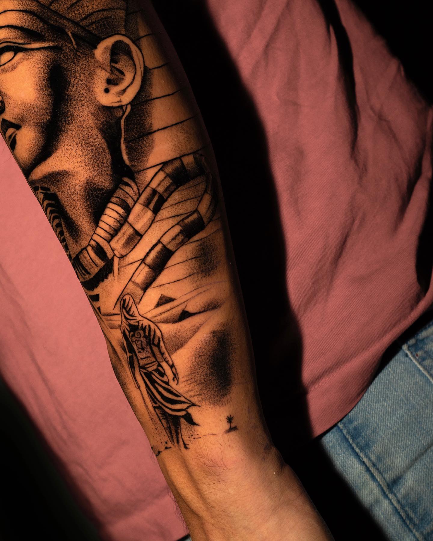 Ancient mummy dotwork tattoo on the forearm by Javier Ramos