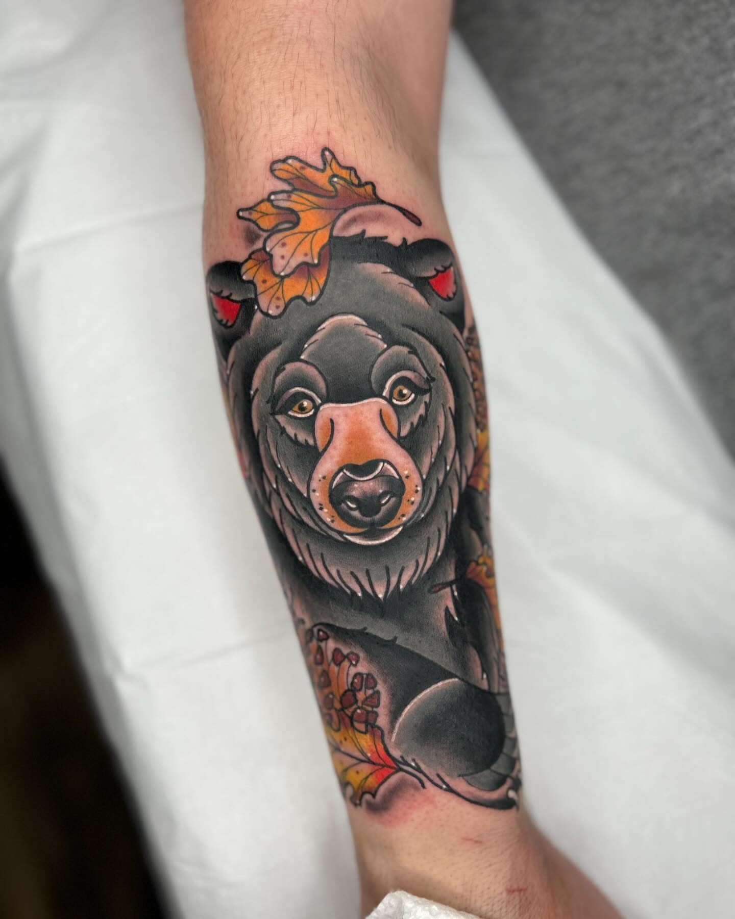 Bear American traditional tattoo on the forearm by Noah Crow