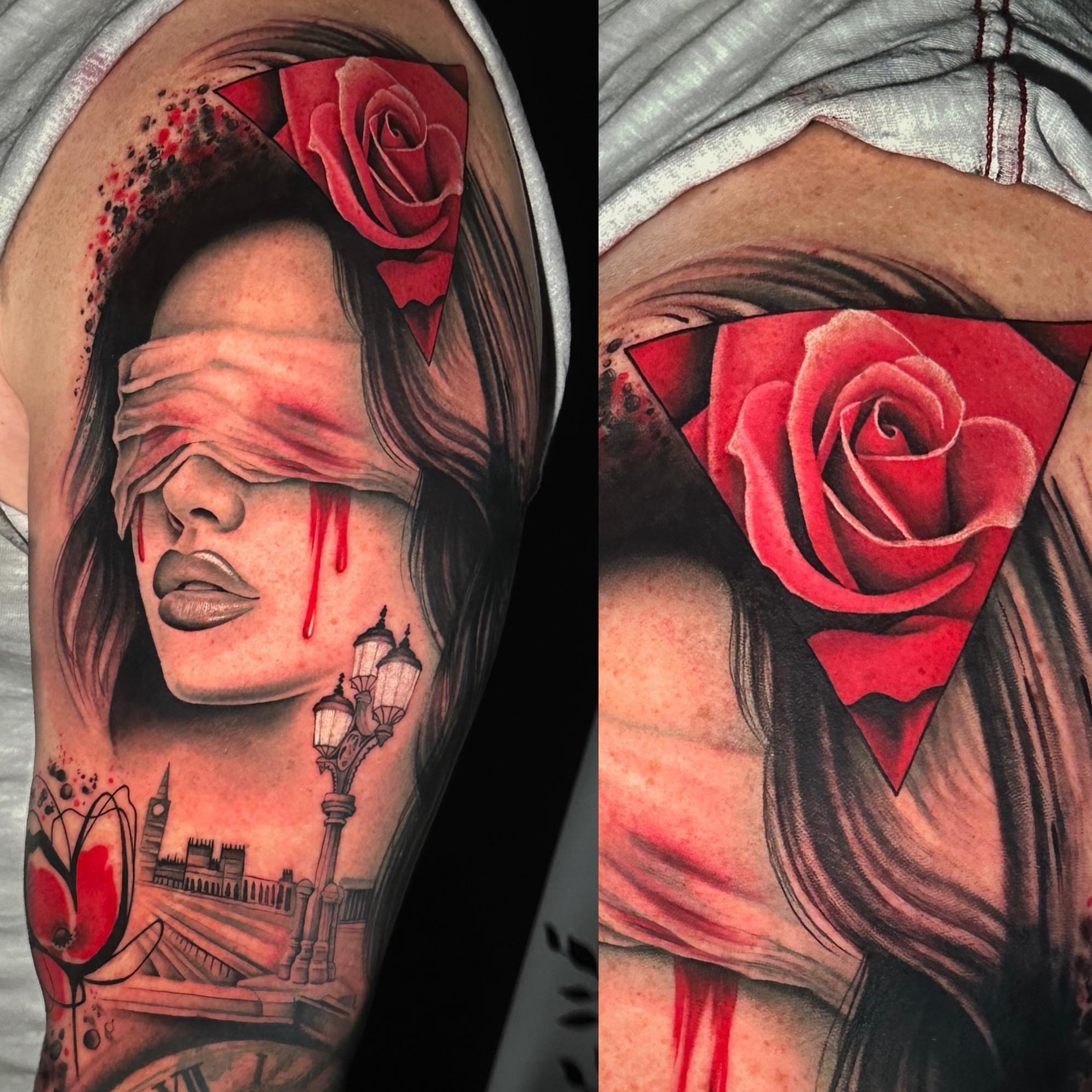 Blindfolded woman with roses realism tattoo on the forearm by Chynna J El-Ayazra