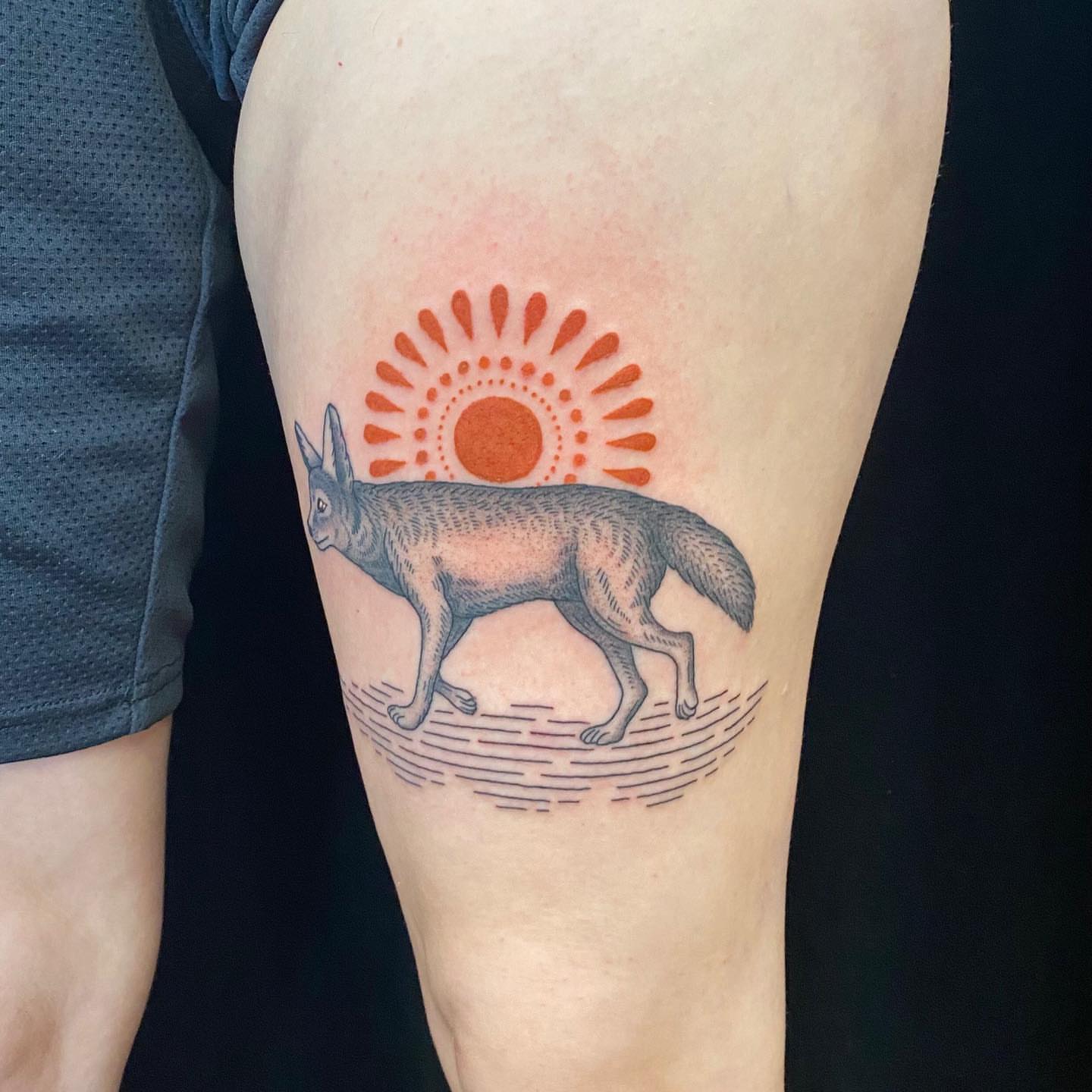 Fox and sun dotwork tattoo on the thigh by Krista - Tattoo Artist