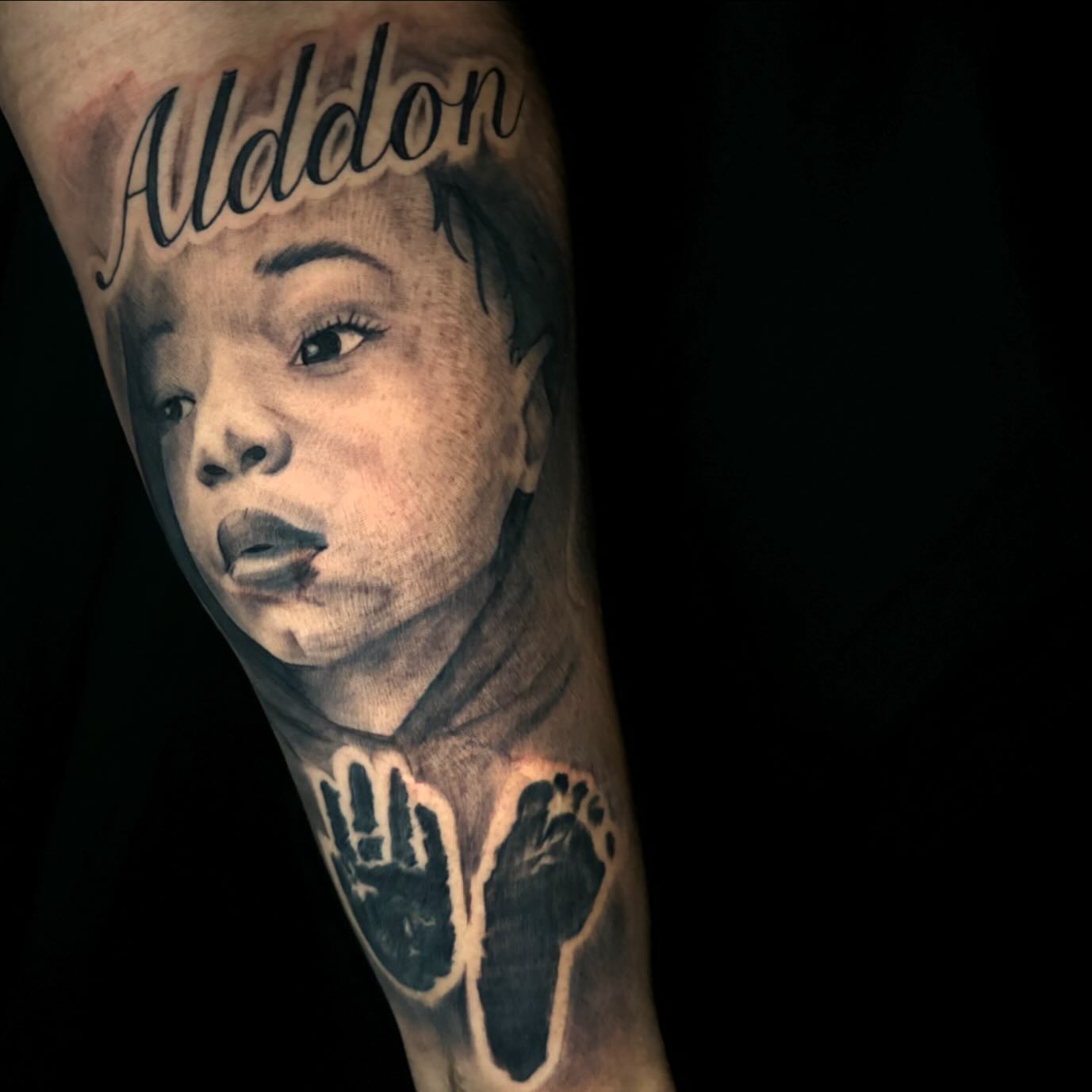Child's face realism tattoo on the forearm by Paul Jack II ⚜️ Tattoo Artist ⚜️Atlanta