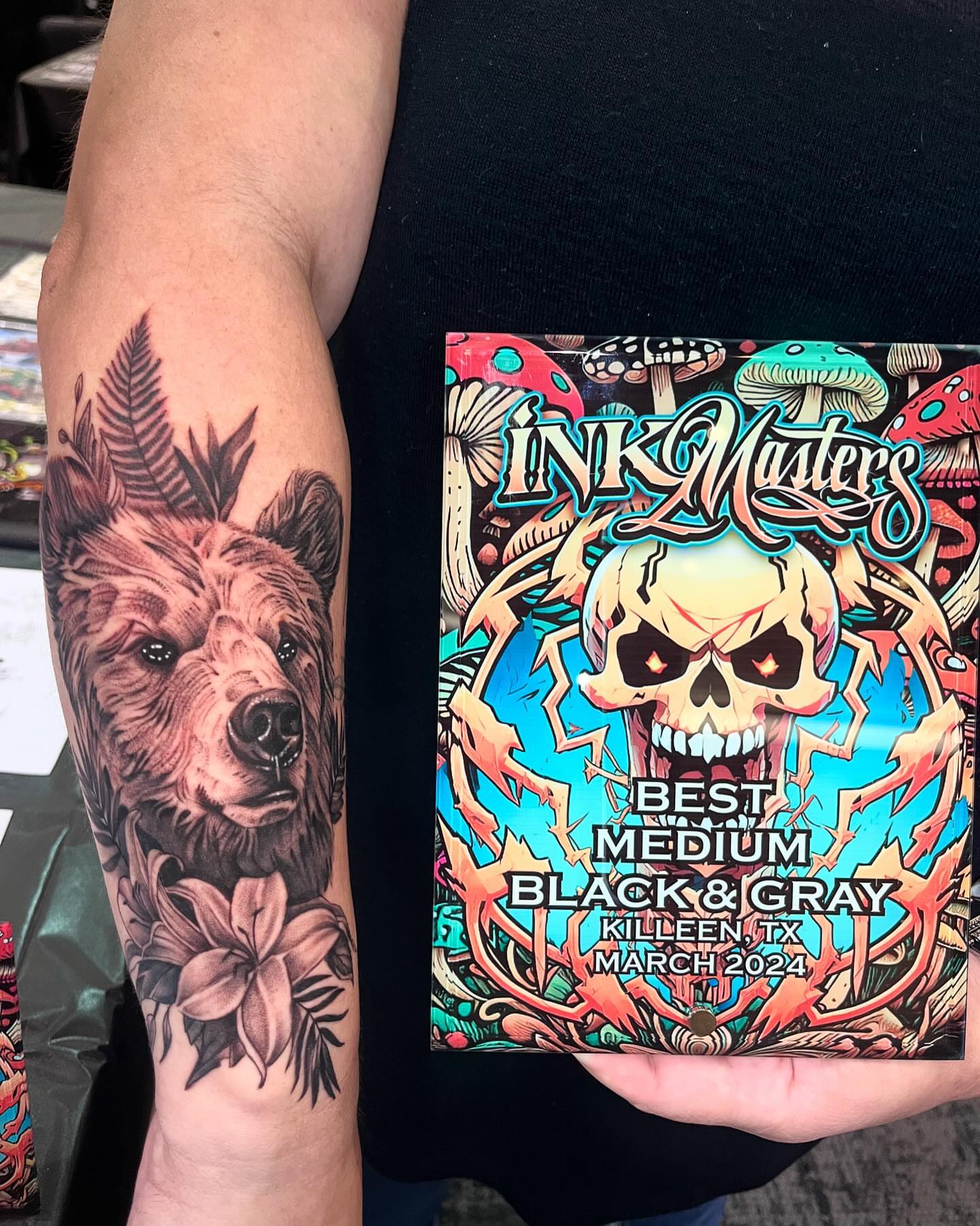 Bear realism tattoo on the forearm by Angie Morales, Laredo, Texas
