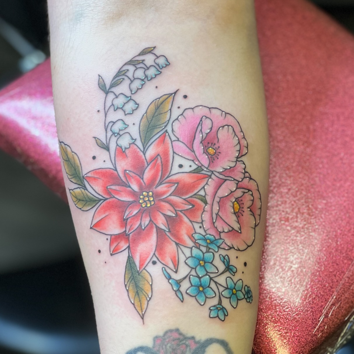 Floral bouquet dotwork tattoo on the forearm by Dani McBay