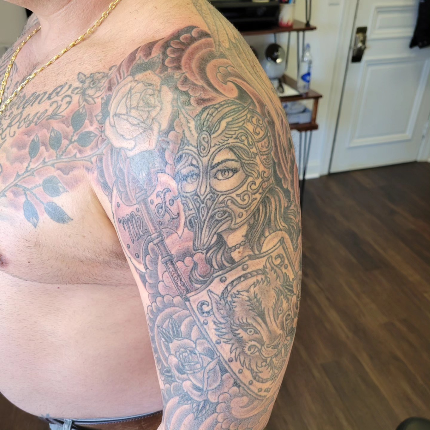 Woman warrior American traditional tattoo on the shoulder by Mark Harada, Hoboken, New Jersey