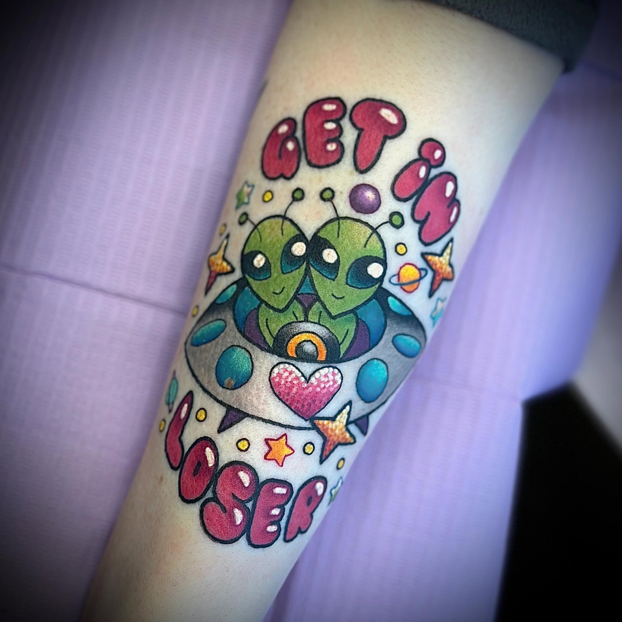 Aliens in spaceship dotwork tattoo on the forearm by ♥ Brynn Allyn ♥