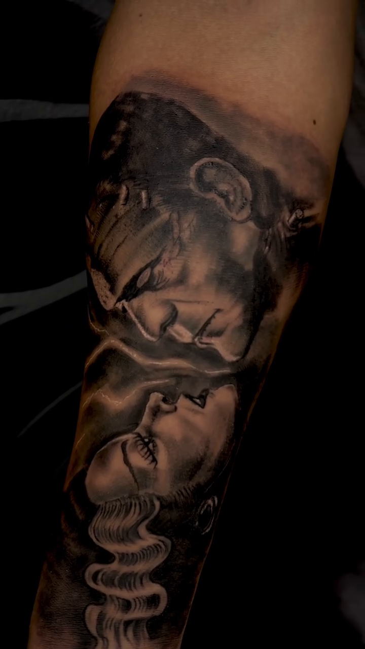 Lion and woman's face realism tattoo by Henry Fuentes