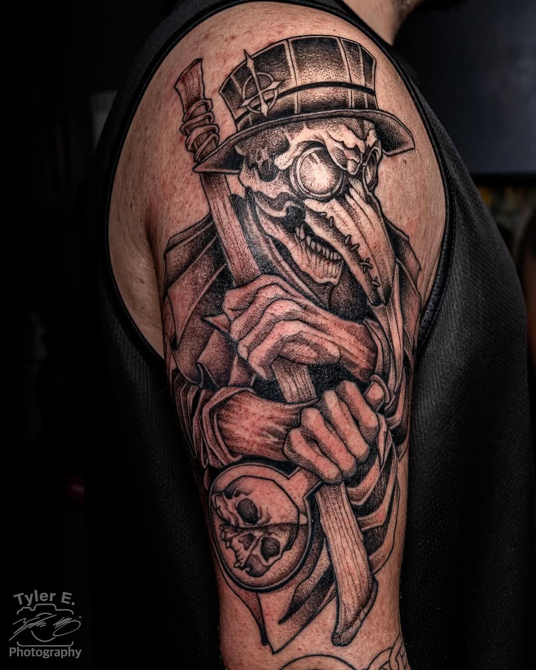 Plague doctor skull tattoo on the shoulder by Mothman Moe