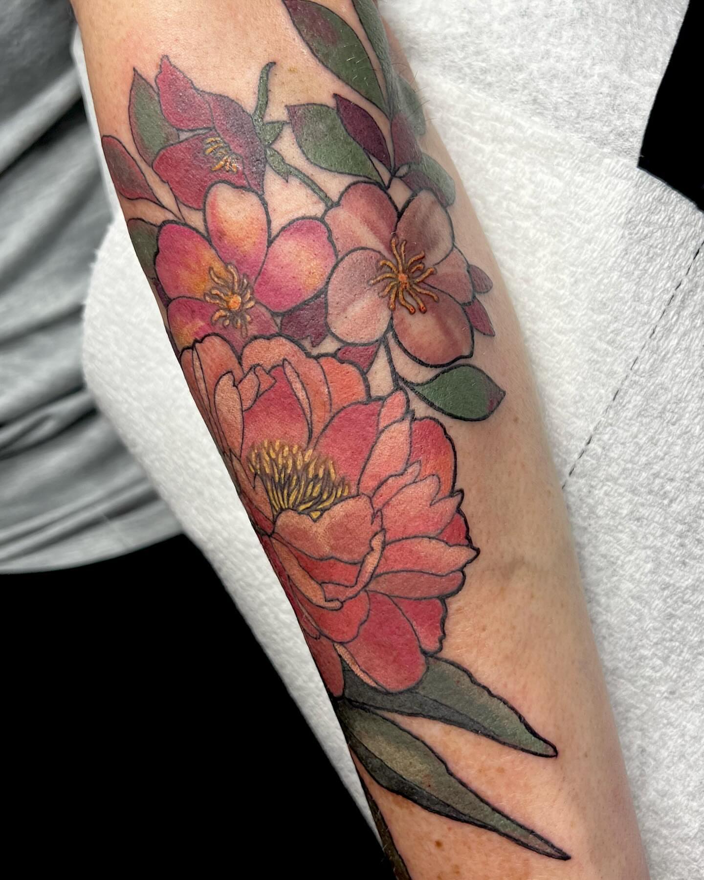Peony flowers new school tattoo on the forearm by Tattoos by Alli Wilcox