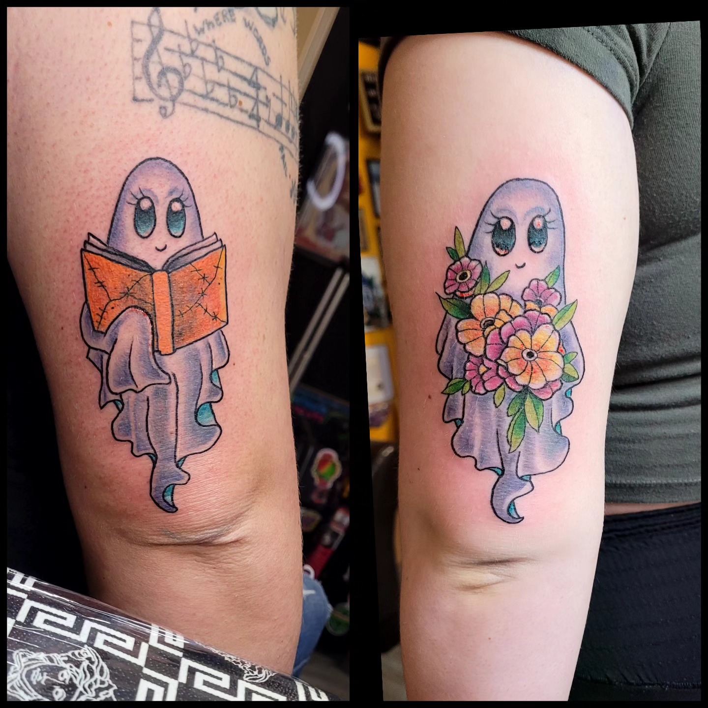 Ghost reading book illustrative tattoo on the forearm by Dawne Michele