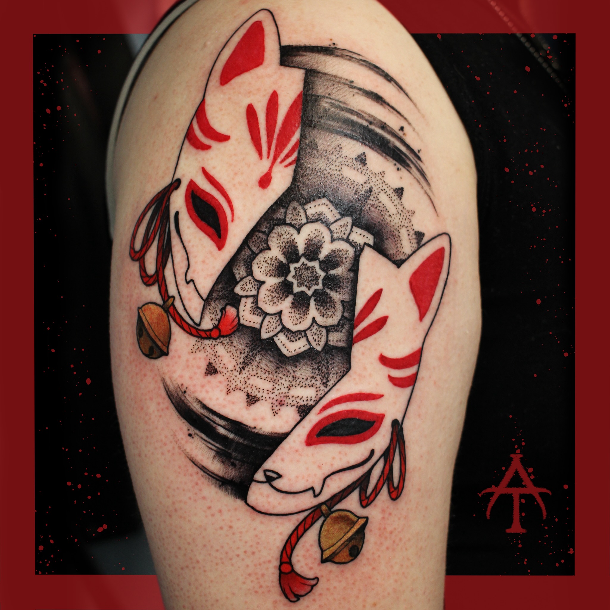 Fox mask dotwork tattoo on the forearm by Chris Dobransky