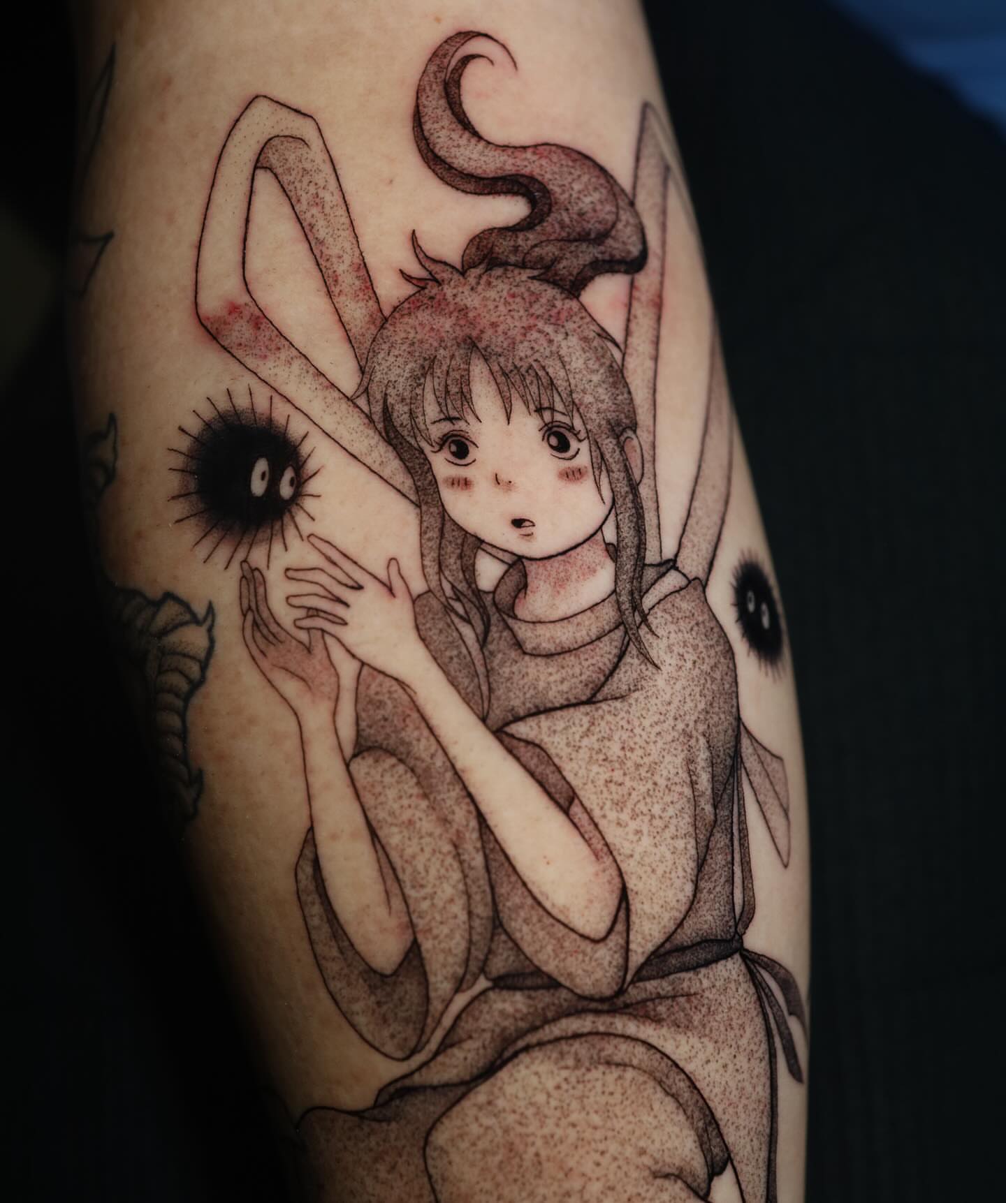 Anime girl with rabbit ears dotwork tattoo on the forearm by Dana, Phoenix, Arizona