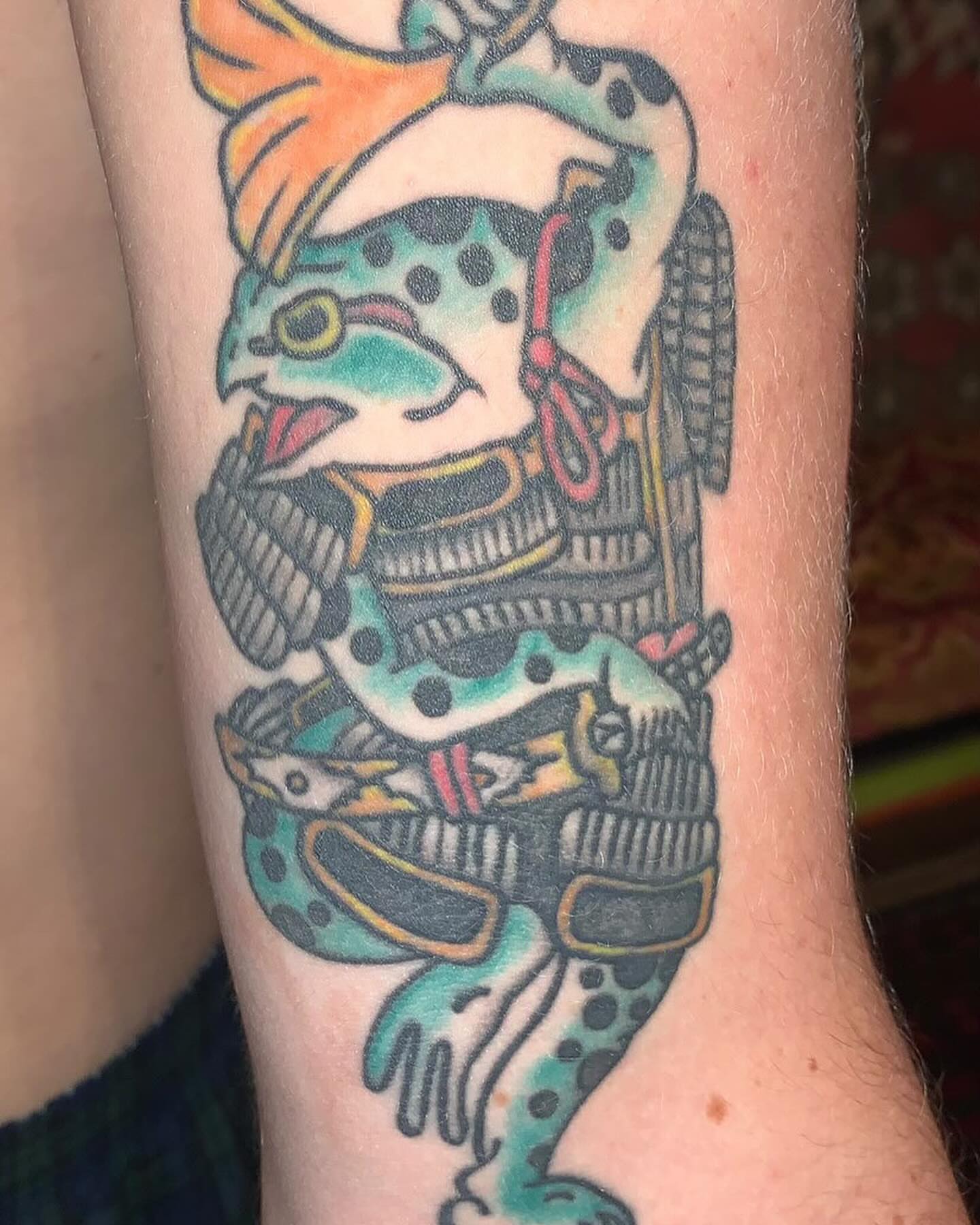 Frog in armor American traditional tattoo on the forearm by Barro
