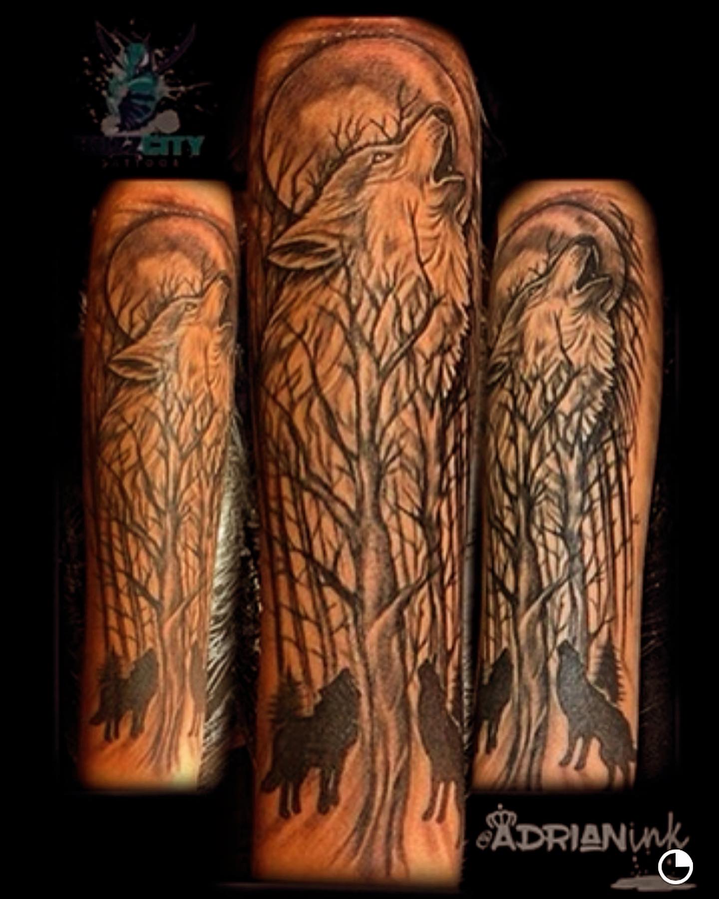 Wolf pack in forest realism tattoo on the forearm by Adrian Shan Carr