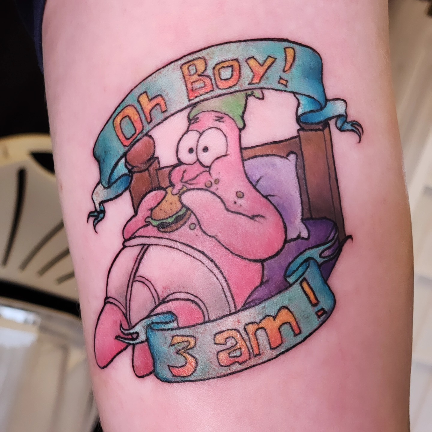 Patrick Star new school tattoo on the forearm by Audrey Luther