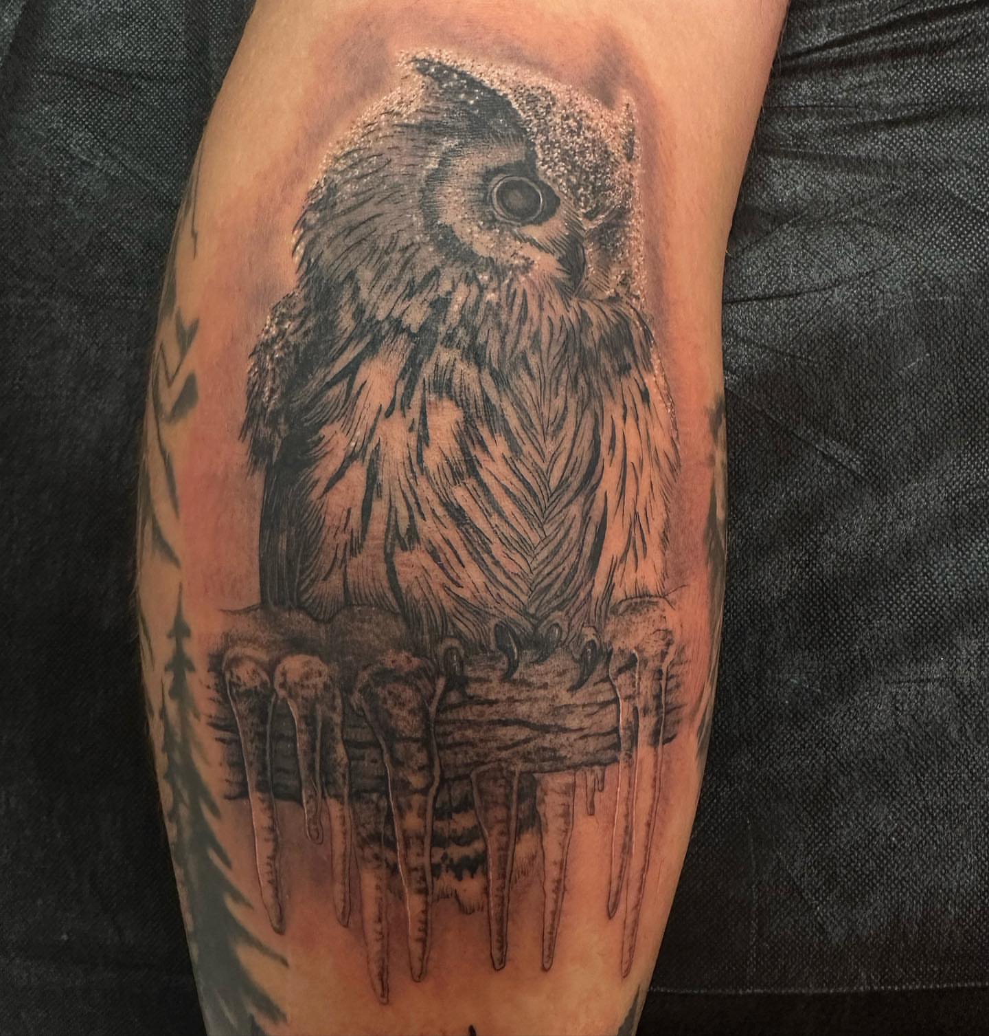 Owl realism tattoo on the forearm by Arielle Deatherage